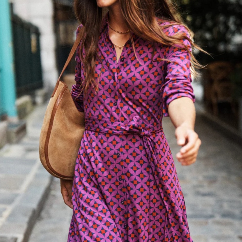 Boden Marcia Regal Purple Diamond Terrace Jersey Midi Shirt Dress